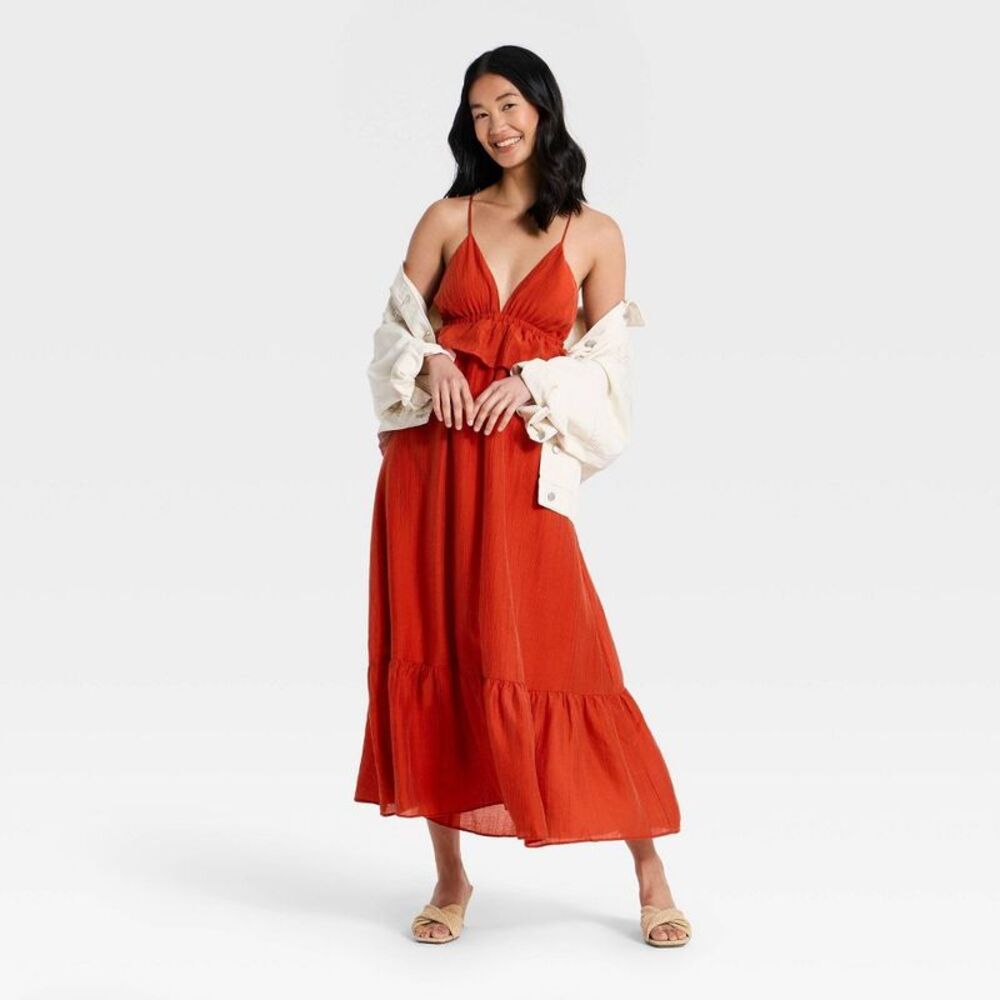 Women's Ruffle Maxi Dress Orange S - Picture 3 of 4